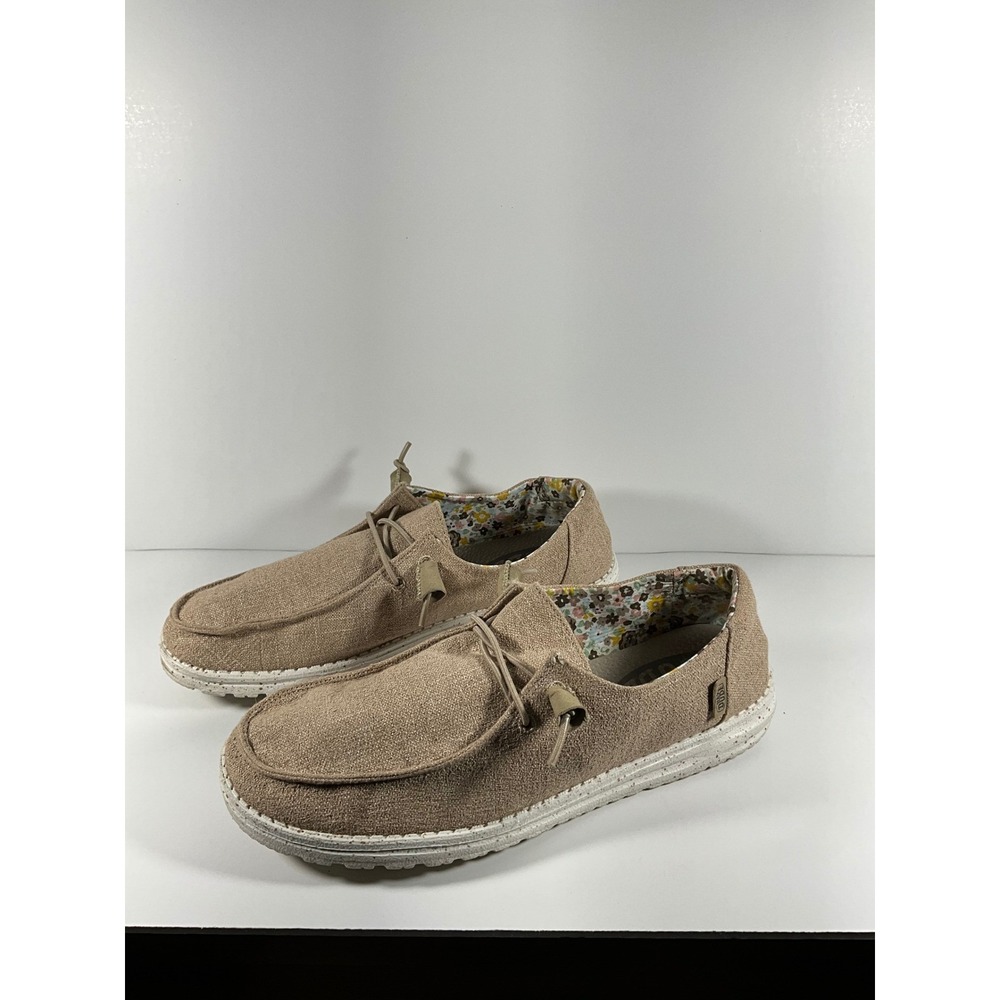 Hey Dude Wendy Basic Tan Canvas Floral Lining Slip On Loafers Womens 11